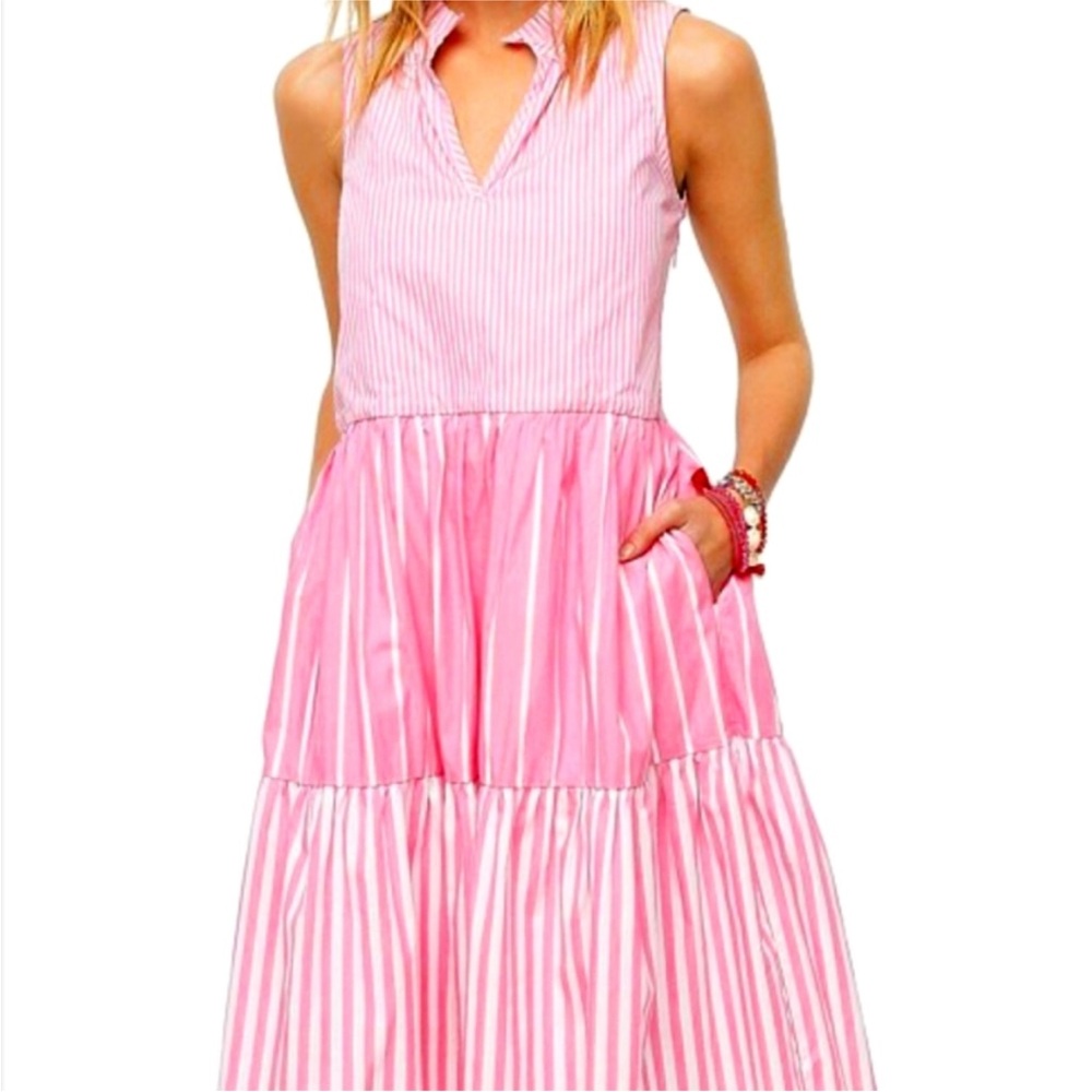 J.Crew Pink White Striped Tiered midi dress size small